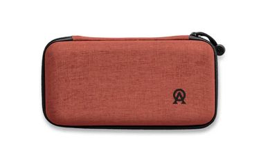 Red fabric zippered pouch with logo.